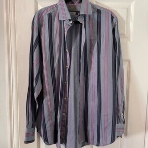 Thomas Dean Men's Vertical Stripe Dress Shirt in Light Blue, Navy & Pink